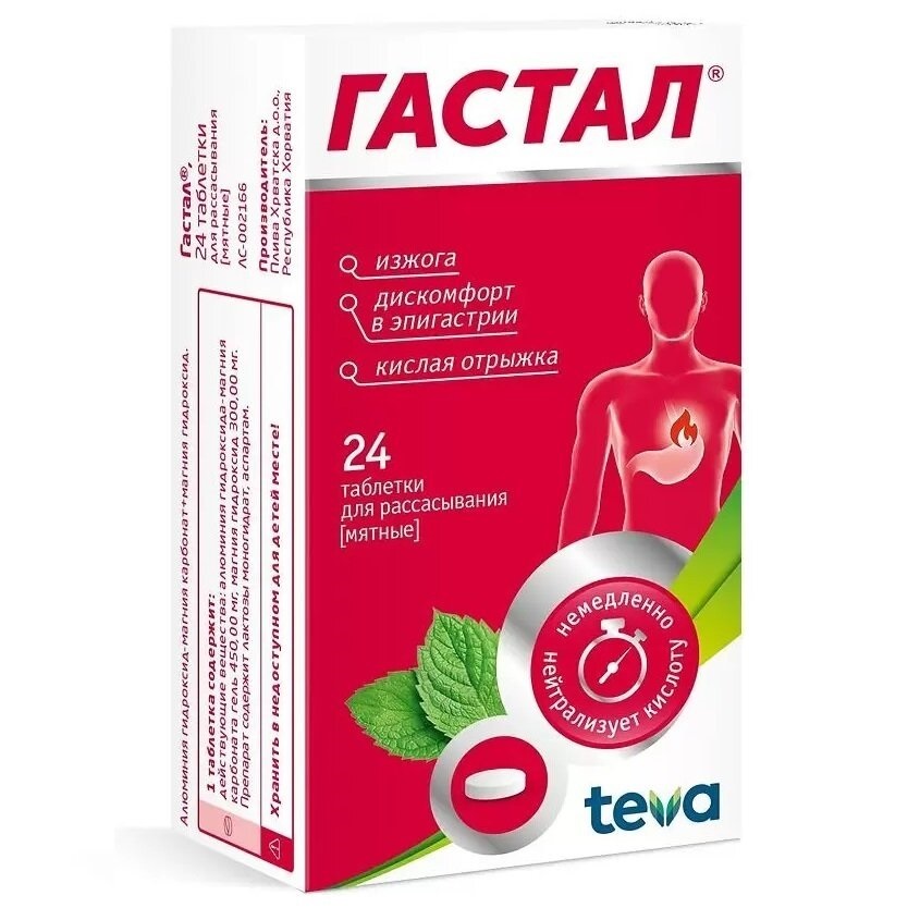 Изображение товара Гастал таблетки для рассасывания мятные 24 шт - антацид для облегчения изжоги
