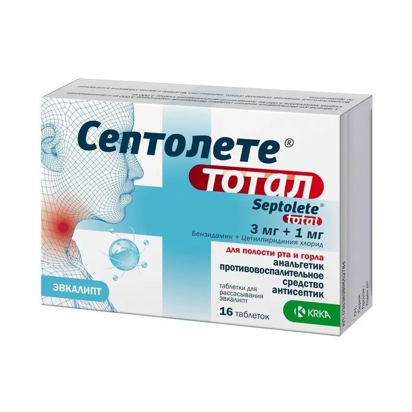 Изображение товара Септолете тотал таб. д/рассас эвкалипт 3мг+1мг N16, Септолете тотал таб. д/рассас эвкалипт 3мг+1мг N16